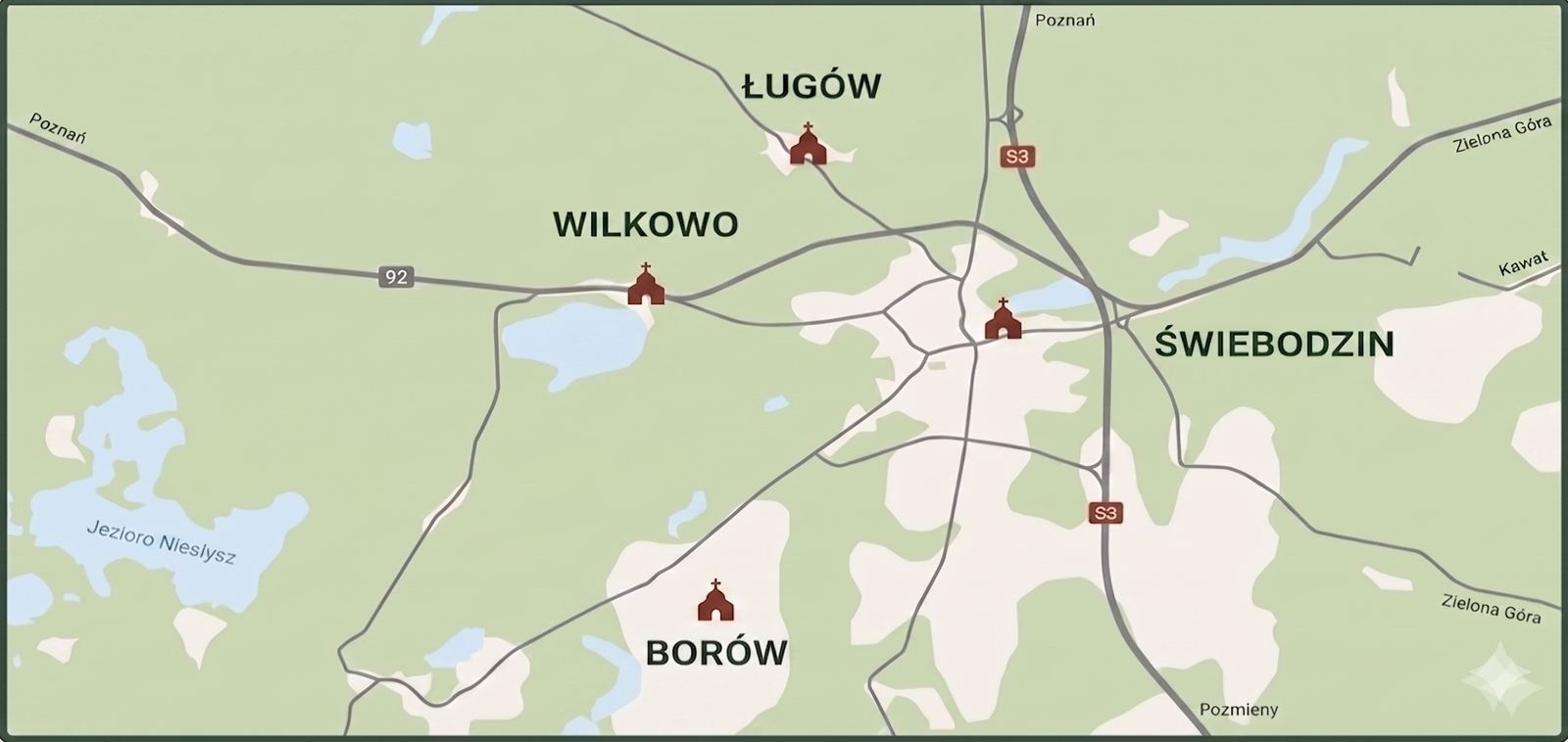 Mapa okolic Świebodzina z zaznaczonymi kościołami w Wilkowie,
             Ługowie i Borowie oraz drogami S3 i 92.